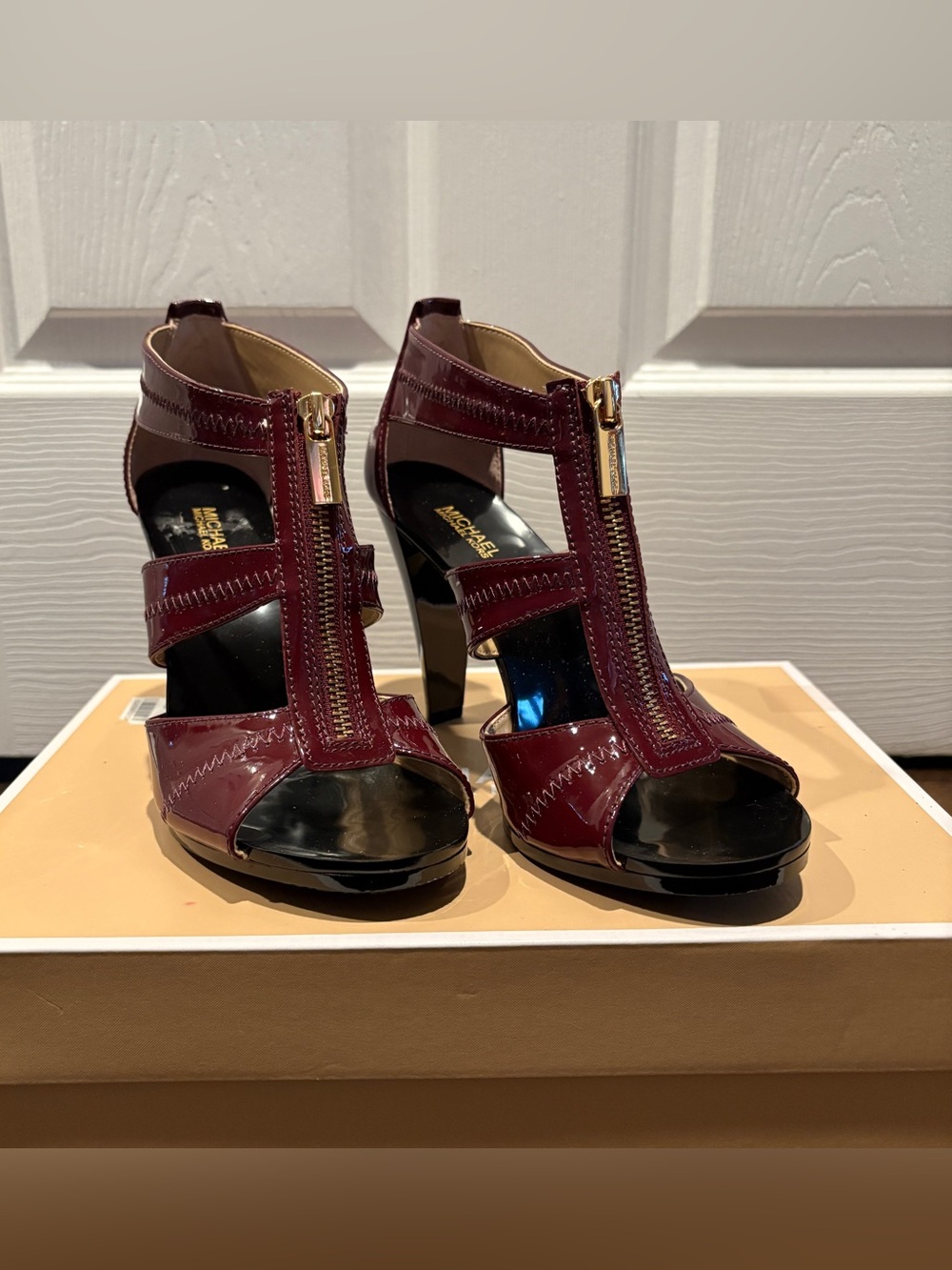Michael Kors Burgundy Patent Leather Zip T-Strap Block Heels